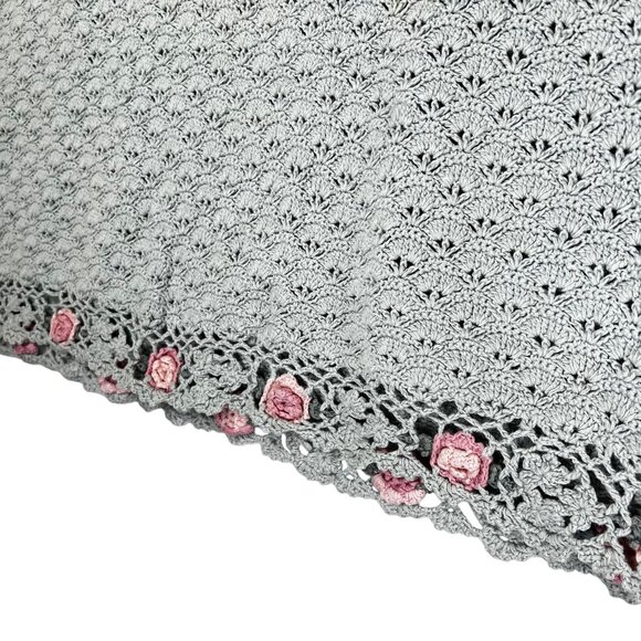 Vintage Handmade Crochet Green Tunic Sweater Pink Roses Colleens Collectables - Picture 6 of 13